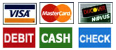We accept Visa, Mastercard, Discover, debit, cash, and check